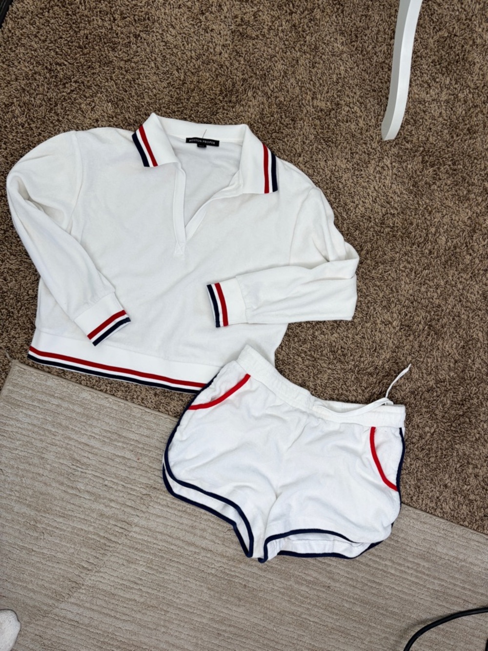 Boston Proper White Two-Piece Terry Polo Top & Short Set with Red and Navy Trim